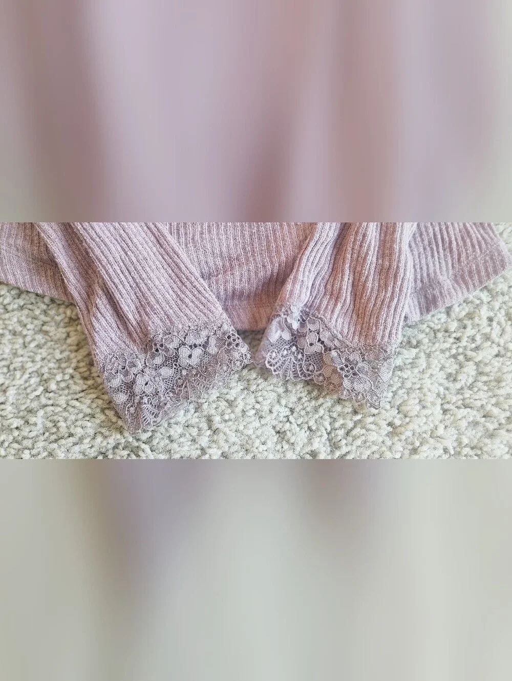 Free People Lace Trim Ribbed Long Sleeve Top - Mauve